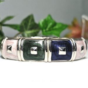 Vtg Geo Glam Enamel Clamper Silver Tone Hinge Bangle Bracelet Green Pink & Blue